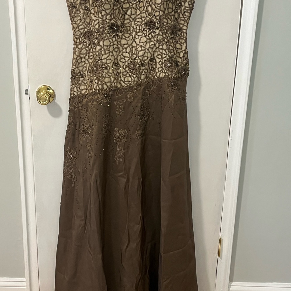 Montage Boutique Elegant Tan and Brown Gown.